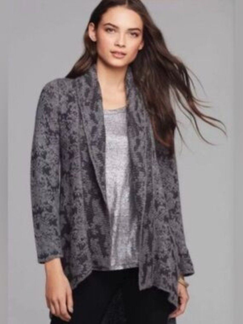 Eileen Fisher Wool Camel Linen Textured Knit Shawl Sweater size M Black Grey